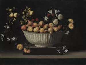 Flowers and Fruit in a China Bowl by Juan De Zurbaran Oil Painting