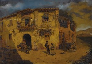 Granada Street Scene with Donkey and Chickens by Juan Dios Del Valle Oil Painting
