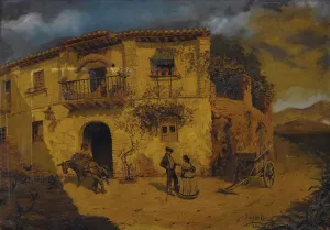 Granada Street Scene with Donkey and Chickens by Juan Dios Del Valle Oil Painting