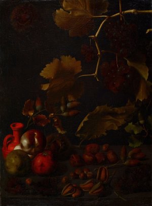 Still life with grapes, apples, chestnuts, almonds, acorns and a red clay bottle by Juan Fernandez El Labrador Oil Painting
