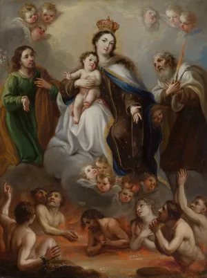 The Virgin of Carmen and the Souls of Purgatory with St. Joseph and the Prophet Elijah by Juan Francisco De Aguilera Oil Painting