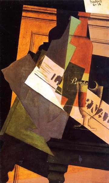 Main Product Photo of Bottle, Glass and Newspaper II Painting by Juan Gris
