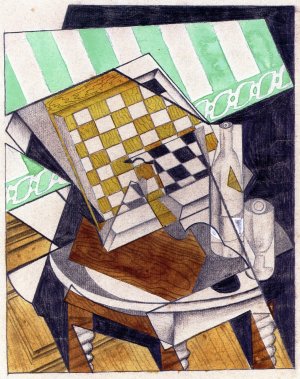 Checkerboard, Bottle and Glass on a Table Oil painting by Juan Gris