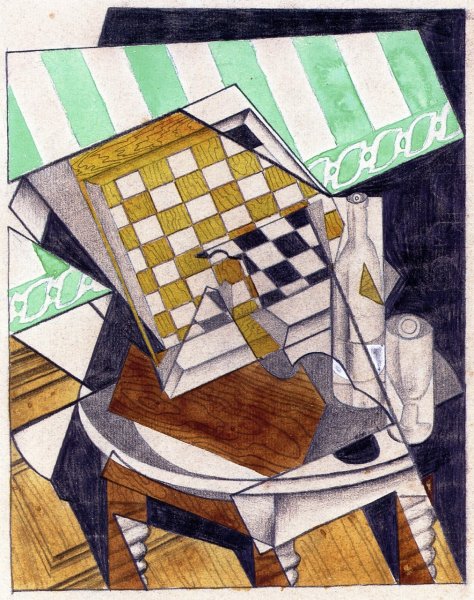 Main Product Photo of Checkerboard, Bottle and Glass on a Table Painting by Juan Gris
