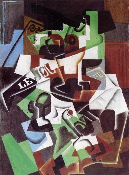 Main Product Photo of Fruit Bowl, Pipe and Newspaper Painting by Juan Gris