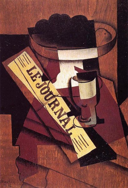 Fruit Dish, Glass and Newspaper by Juan Gris - Hand-Painted Oil Painting Reproduction