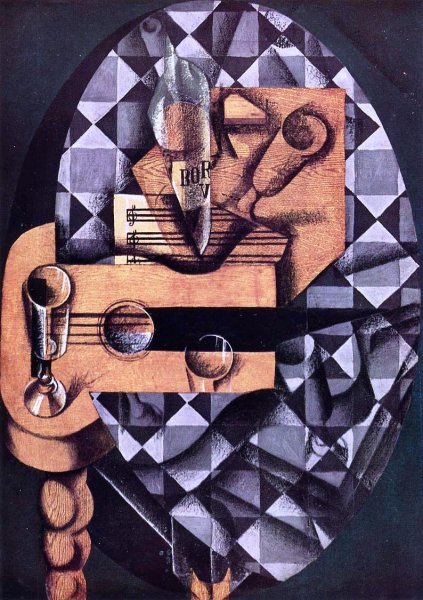 Main Product Photo of Guitar, Glasses and Bottle Painting by Juan Gris