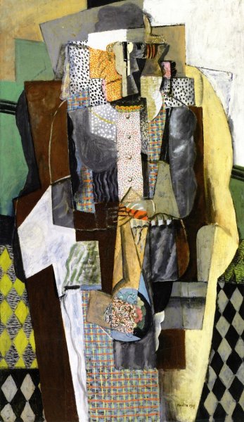 Main Product Photo of Seated Girl with Bouquet of Flowers Painting by Juan Gris