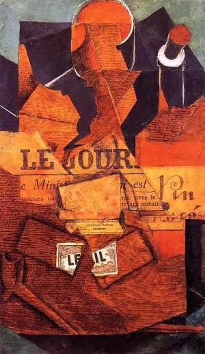 Tobacco, Newspaper and Bottle of Wine Oil painting by Juan Gris