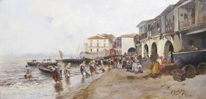 Gathering Seaweed on the Banks of the Berbes, Vigo by Juan Martinez Abades Oil Painting