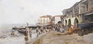 Gathering Seaweed on the Banks of the Berbes, Vigo by Juan Martinez Abades Oil Painting