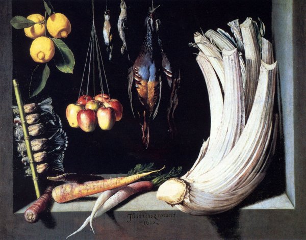 Main Product Photo of Still Life with Dead Birds, Fruit and Vegetables Painting by Juan Sanchez Cotan