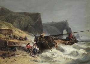 Fishermen Bringing In A Boat by Jules-Achille Noel Oil Painting
