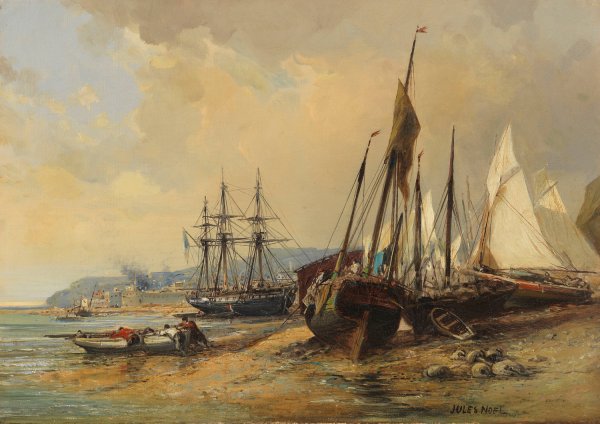 Main Product Photo of Segelschiffe und Fischerboote am bretonischen Strand  Painting by Jules-Achille Noel