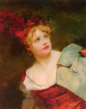 A Lady Wearing a Crimson Hat Oil painting by Jules Adolphe Goupil