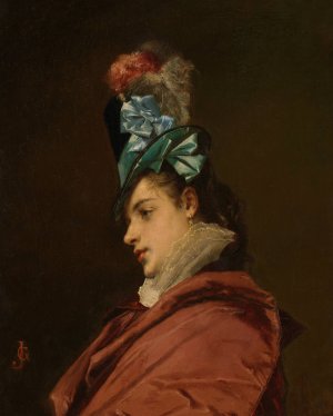 Woman Wearing a Hat With a Blue Ribbon by Jules-Adolphe Goupil Oil Painting