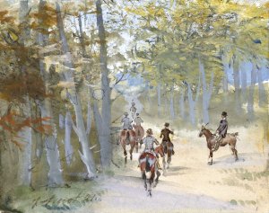 Boslandschap met ruiters by Jules Baron Finot Oil Painting