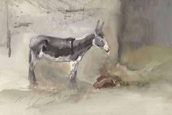 Ezel in een stal  by Jules Baron Finot - Hand-Painted Oil Painting Reproduction
