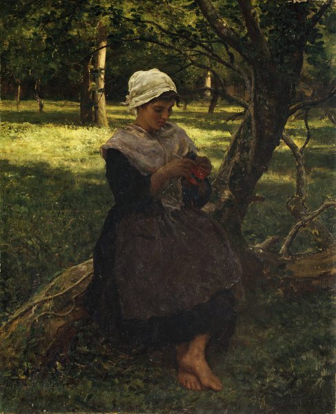 A Peasant Girl Knitting  by Jules Breton - Hand-Painted Oil Painting Reproduction