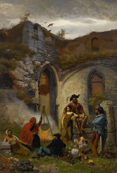 Campement De Bohemiens, Dans Les Ruines De L'abbaye De Saint-Bavon  by Jules Breton - Hand-Painted Oil Painting Reproduction