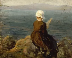 Fileuse sur les rochers a Douarnenez by Jules Breton Oil Painting