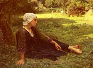 Jeune Fille Gardant Des Vaches by Jules Breton Oil Painting