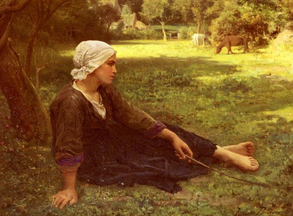 Jeune Fille Gardant Des Vaches by Jules Breton - Hand-Painted Oil Painting Reproduction