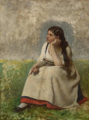 Jeune Fille Pensive by Jules Breton Oil Painting