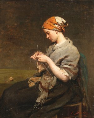 Jeune Fille Tricotant by Jules Breton Oil Painting