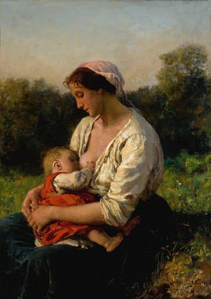 Jeune Mere Allaitant Son Enfant by Jules Breton Oil Painting