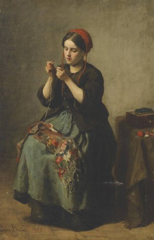 Peasant woman threading a needle by Jules Breton Oil Painting