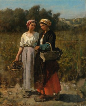 Two Young Women Picking Grapes by Jules Breton Oil Painting