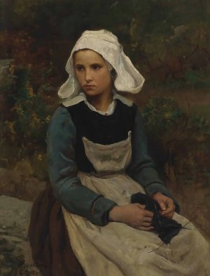 Young Brittany Girl Knitting by Jules Breton Oil Painting