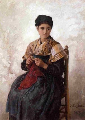 Young Woman Knitting by Jules Breton Oil Painting