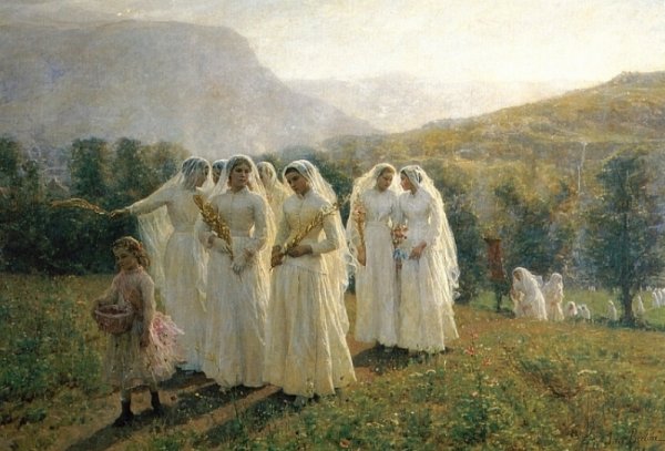 Young Women Going to a Procession by Jules Breton - Hand-Painted Oil Painting Reproduction