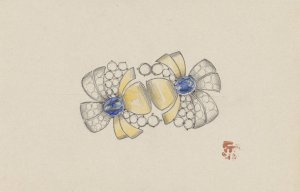 Ontwerp voor juweel in de vorm van twee gestileerde bloemen, met goud en saffieren by Jules Chadel Oil Painting