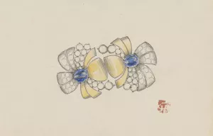 Ontwerp voor juweel in de vorm van twee gestileerde bloemen, met goud en saffieren by Jules Chadel Oil Painting