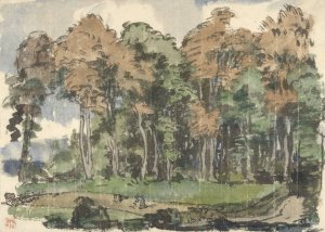 Weg aan een bosrand, met landlieden aan het werk by Jules Chadel Oil Painting