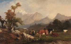 Alpine scene with cattle herders by Jules Coignet Oil Painting
