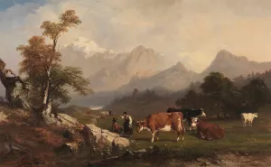 Alpine scene with cattle herders by Jules Coignet Oil Painting