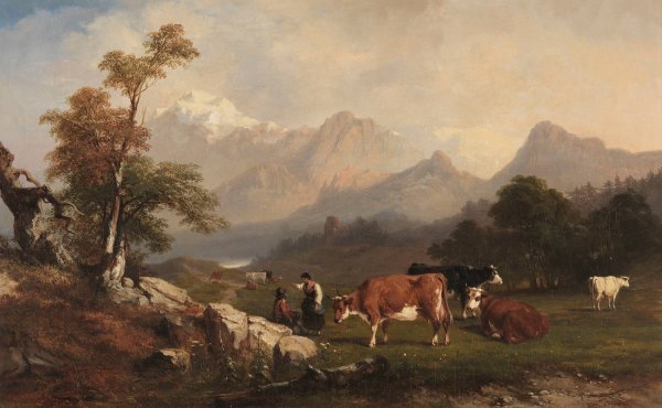 Main Product Photo of Alpine scene with cattle herders  Painting by Jules Coignet
