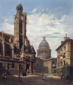 A View of The Pantheon and the Church of Saint-Etienne du Mont, Paris painting by Jean Baptise Duprac