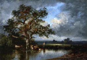 Cows and Cowherd by Jean Baptise Duprac Oil Painting