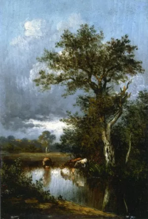 Three Cows at a Watering Hole by Jean Baptise Duprac Oil Painting