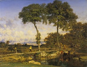 Crossing the Bridge Oil painting by Jules Dupre