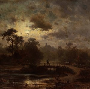 Landscape by moonlight by Jules Dupre Oil Painting