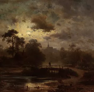 Landscape by moonlight by Jules Dupre Oil Painting