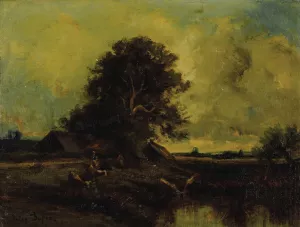 River Landscape with Cottage by Jules Dupre Oil Painting