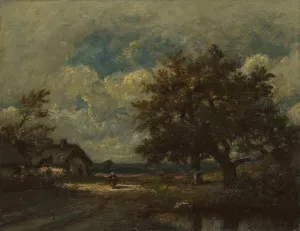 The Cottage by the Roadside, Stormy Sky by Jules Dupre Oil Painting