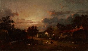 Village Scene, Sunset by Jules Dupre Oil Painting